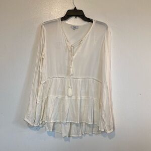 Kensie Jeans crepe tasseled peasant ruffle cream long sleeve rayon shirt …